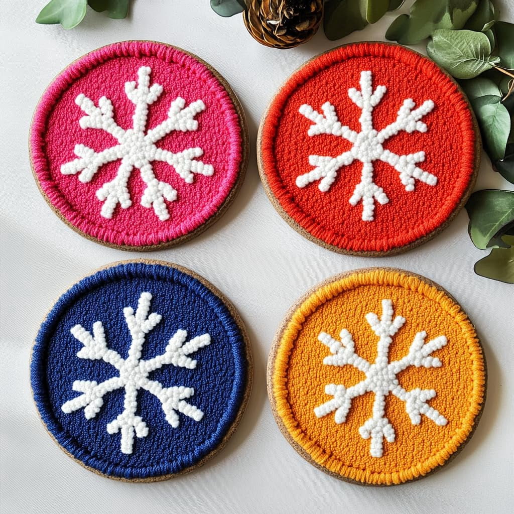 4 Set DIY Punch Needle Coaster Kits Christmas Snowflake Easy for Beginners with Adhesive Felt Hoop Punch Needle Embroidery Starter Set with Pattern for Drink Cups Mat Home Decor-1