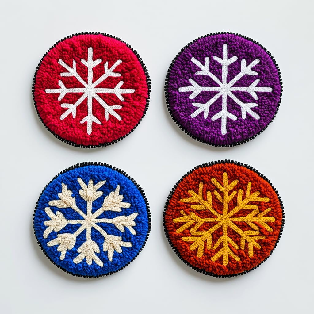 4 Set DIY Punch Needle Coaster Kits Christmas Snowflake Easy for Beginners with Adhesive Felt Hoop Punch Needle Embroidery Starter Set with Pattern for Drink Cups Mat Home Decor-2