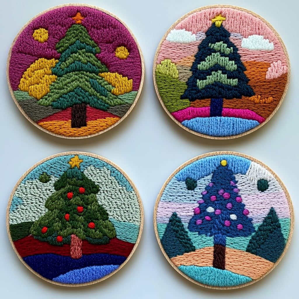 4 Set DIY Punch Needle Coaster Kits Christmas Tree Easy for Beginners with Adhesive Felt Hoop Punch Needle Embroidery Starter Set with Pattern for Drink Cups Mat Home Decor-2