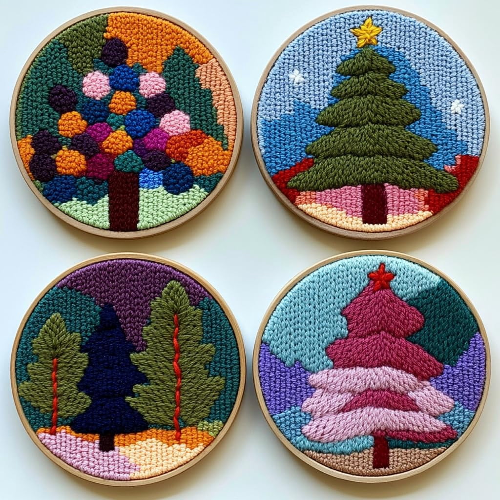 4 Set DIY Punch Needle Coaster Kits Christmas Tree Easy for Beginners with Adhesive Felt Hoop Punch Needle Embroidery Starter Set with Pattern for Drink Cups Mat Home Decor-9