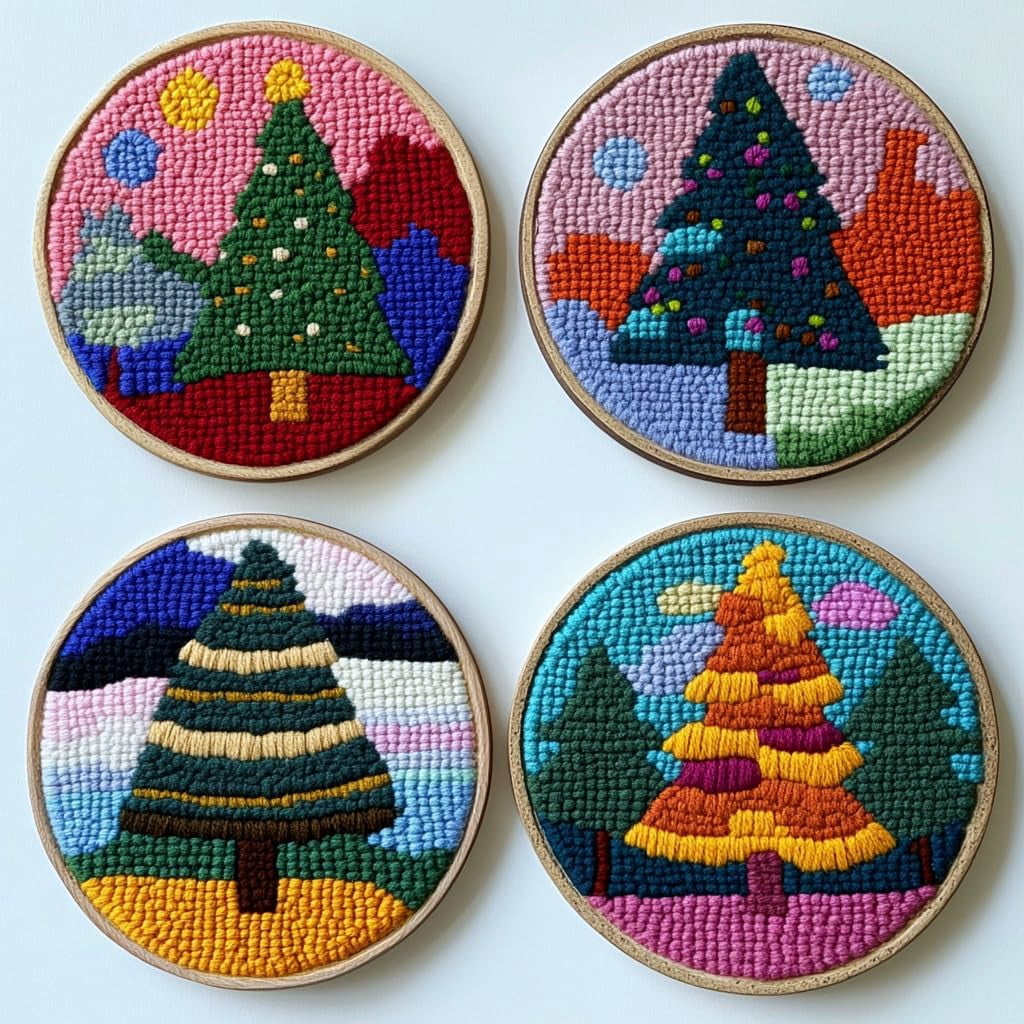 4 Set DIY Punch Needle Coaster Kits Christmas Tree Easy for Beginners with Adhesive Felt Hoop Punch Needle Embroidery Starter Set with Pattern for Drink Cups Mat Home Decor-4
