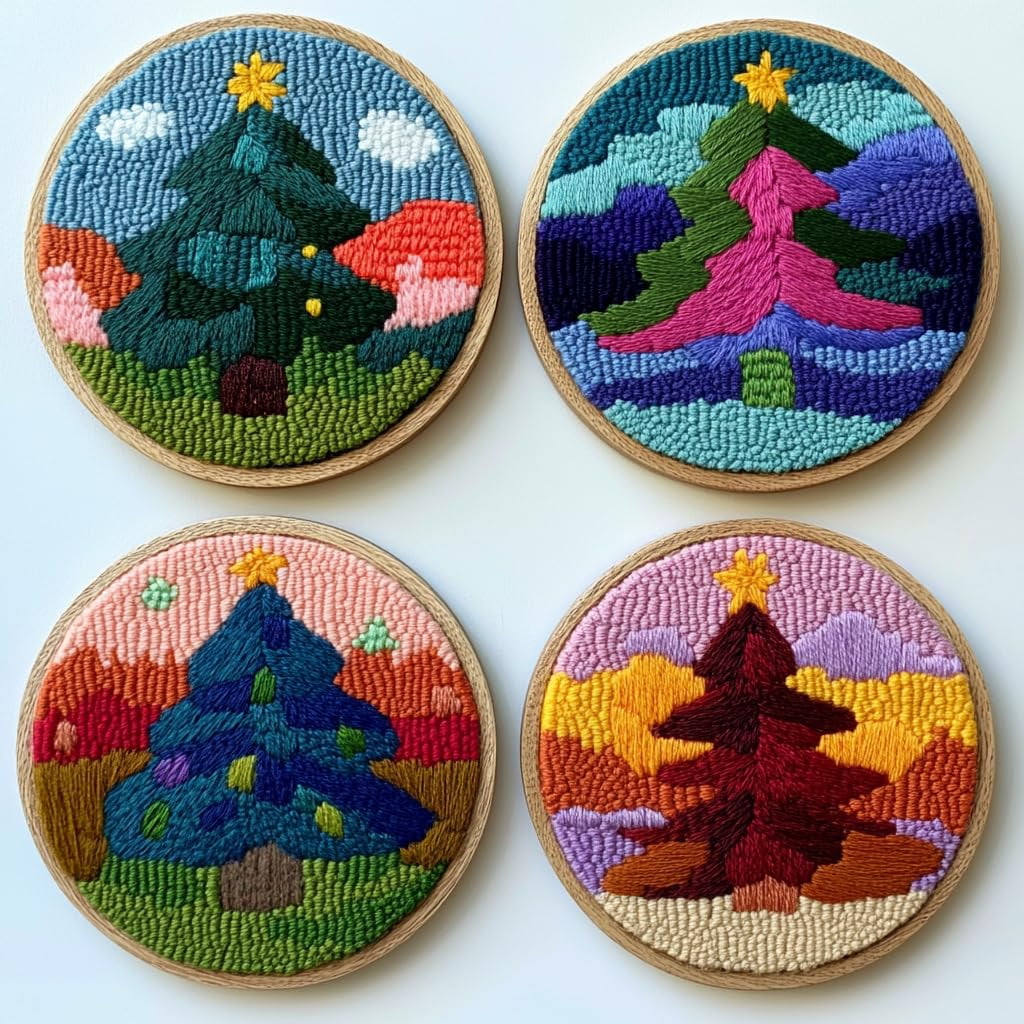 4 Set DIY Punch Needle Coaster Kits Christmas Tree Easy for Beginners with Adhesive Felt Hoop Punch Needle Embroidery Starter Set with Pattern for Drink Cups Mat Home Decor-6