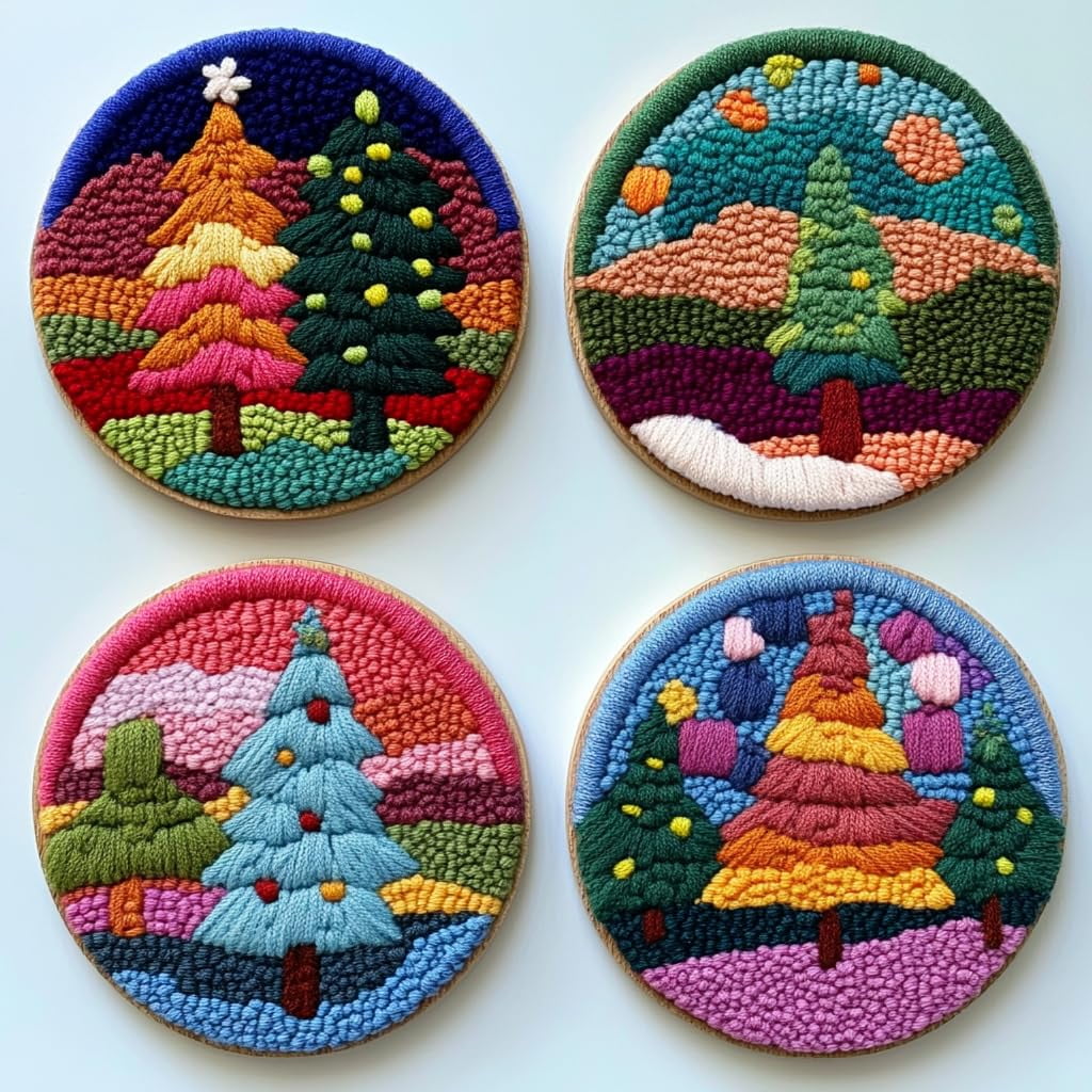 4 Set DIY Punch Needle Coaster Kits Christmas Tree Easy for Beginners with Adhesive Felt Hoop Punch Needle Embroidery Starter Set with Pattern for Drink Cups Mat Home Decor-7