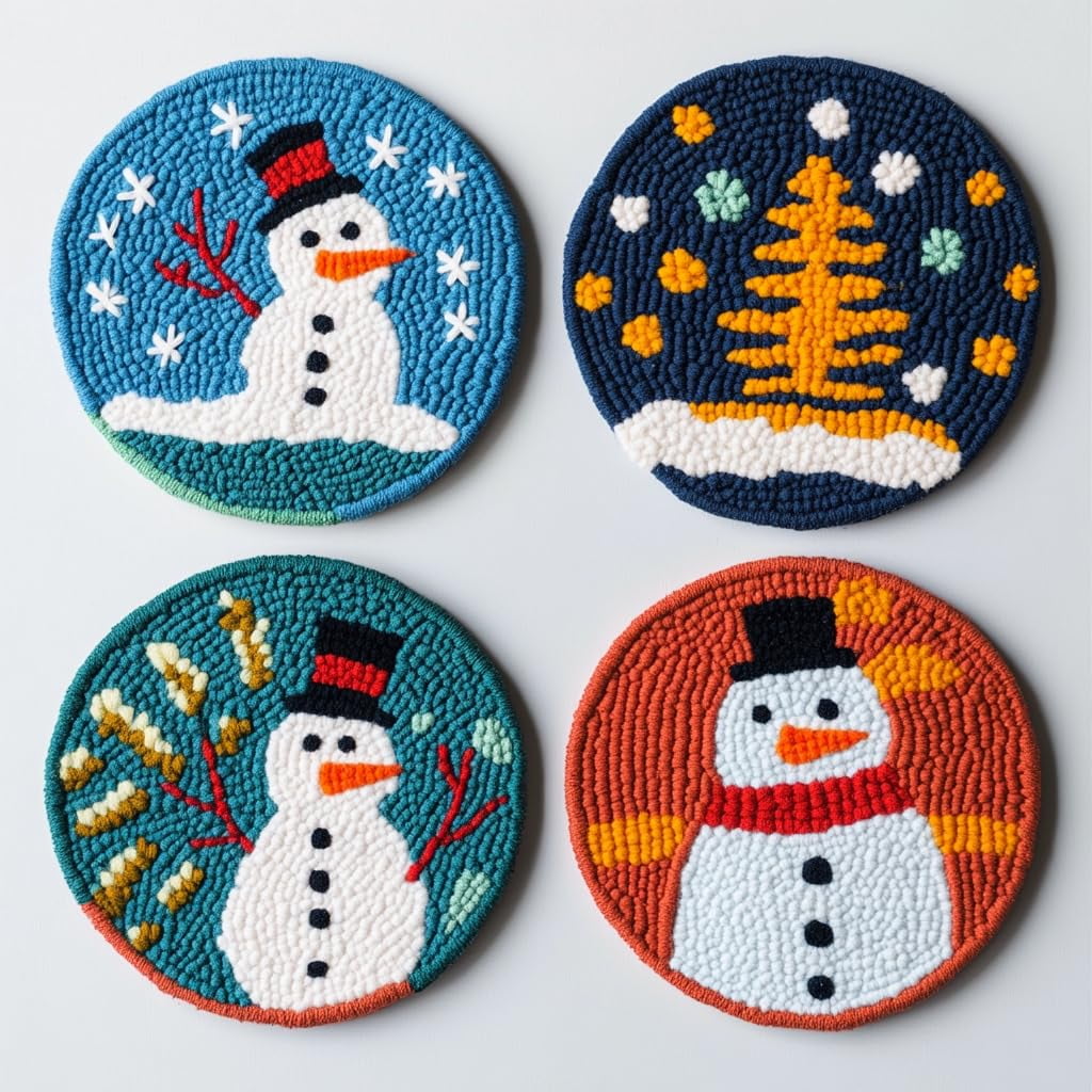 4 Set DIY Punch Needle Coaster Kits Christmas Tree and Snowman Easy for Beginners with Adhesive Felt Hoop Punch Needle Embroidery Starter Set with Pattern for Drink Cups Mat Home Decor-1
