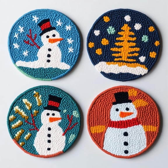 4 Set DIY Punch Needle Coaster Kits Christmas Tree and Snowman Easy for Beginners with Adhesive Felt Hoop Punch Needle Embroidery Starter Set with Pattern for Drink Cups Mat Home Decor-1