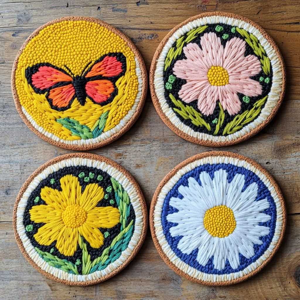 4 Set DIY Punch Needle Coaster Kits Colorful Butterfly Easy for Beginners with Adhesive Felt Hoop Punch Needle Embroidery Starter Set with Pattern for Drink Cups Mat Home Decor-8