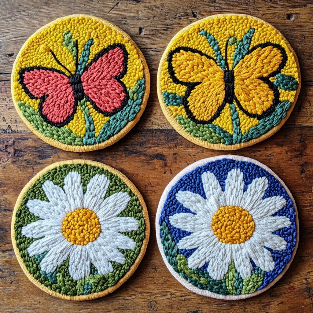 4 Set DIY Punch Needle Coaster Kits Colorful Butterfly Easy for Beginners with Adhesive Felt Hoop Punch Needle Embroidery Starter Set with Pattern for Drink Cups Mat Home Decor-12