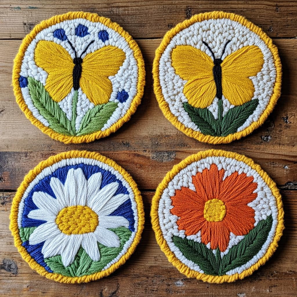 4 Set DIY Punch Needle Coaster Kits Colorful Butterfly Easy for Beginners with Adhesive Felt Hoop Punch Needle Embroidery Starter Set with Pattern for Drink Cups Mat Home Decor-3
