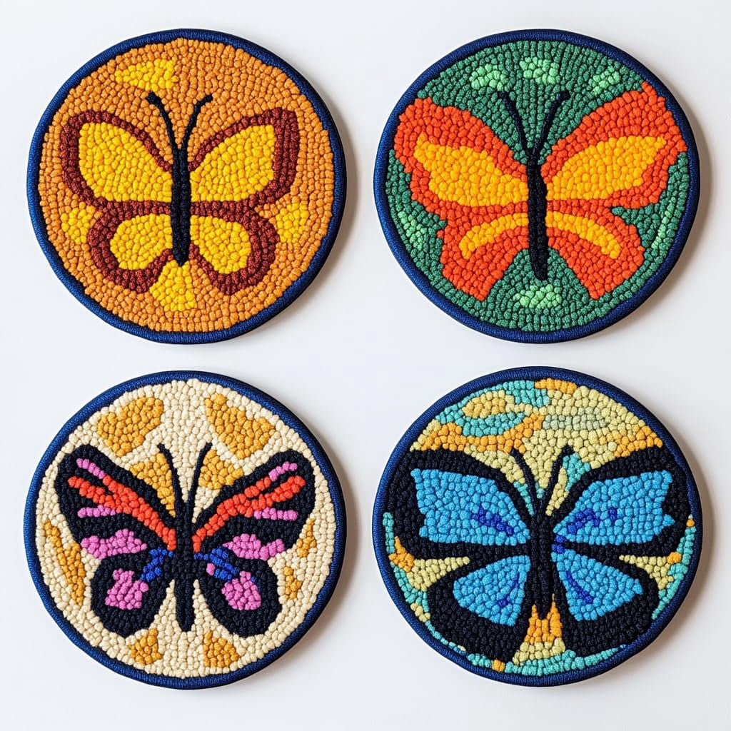 4 Set DIY Punch Needle Coaster Kits Colorful Butterfly Easy for Beginners with Adhesive Felt Hoop Punch Needle Embroidery Starter Set with Pattern for Drink Cups Mat Home Decor-1