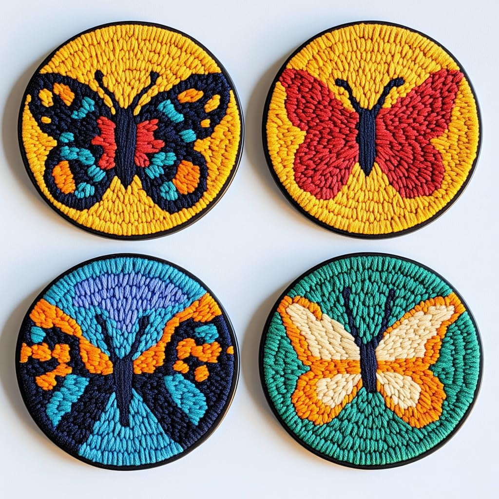 4 Set DIY Punch Needle Coaster Kits Colorful Butterfly Easy for Beginners with Adhesive Felt Hoop Punch Needle Embroidery Starter Set with Pattern for Drink Cups Mat Home Decor-2
