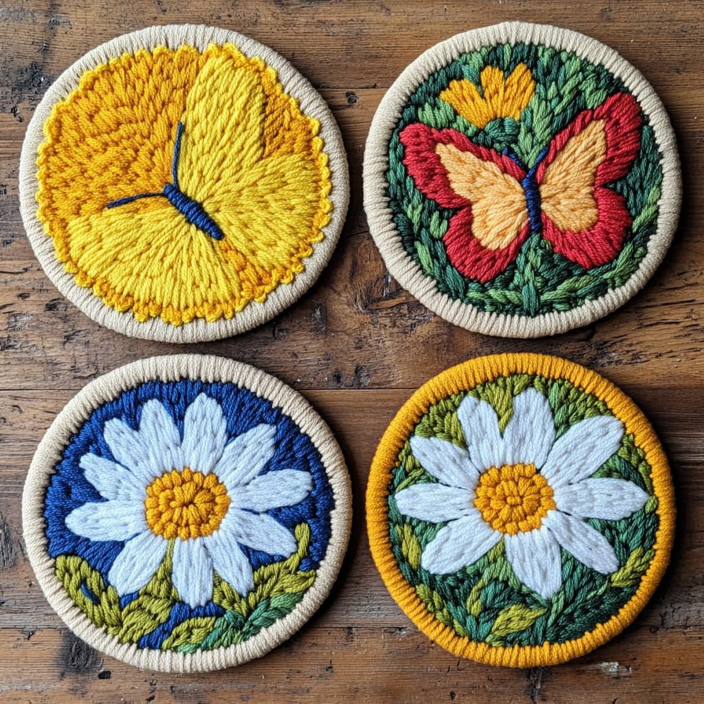 4 Set DIY Punch Needle Coaster Kits Colorful Butterfly Easy for Beginners with Adhesive Felt Hoop Punch Needle Embroidery Starter Set with Pattern for Drink Cups Mat Home Decor-5