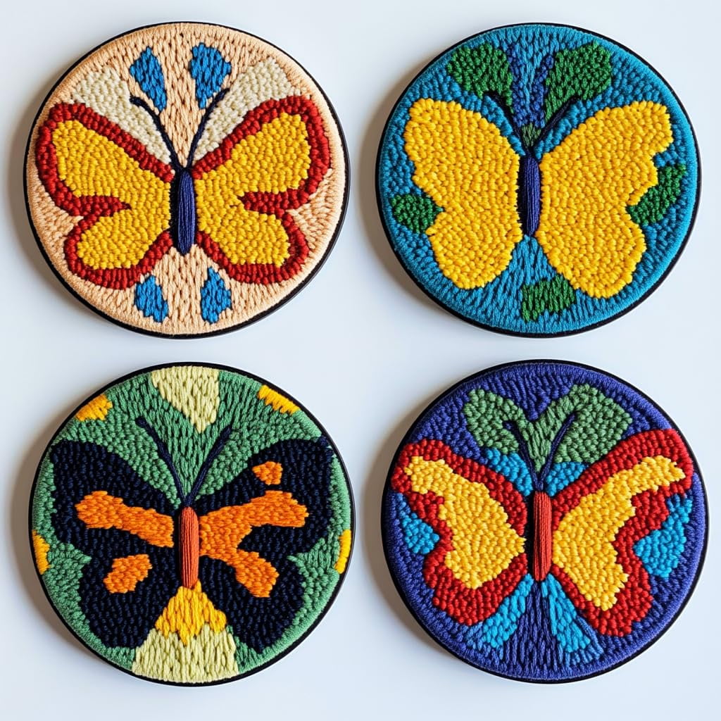 4 Set DIY Punch Needle Coaster Kits Colorful Butterfly Easy for Beginners with Adhesive Felt Hoop Punch Needle Embroidery Starter Set with Pattern for Drink Cups Mat Home Decor-9