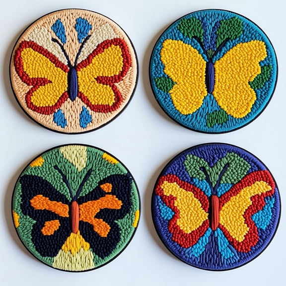 4 Set DIY Punch Needle Coaster Kits Colorful Butterfly Easy for Beginners with Adhesive Felt Hoop Punch Needle Embroidery Starter Set with Pattern for Drink Cups Mat Home Decor-9