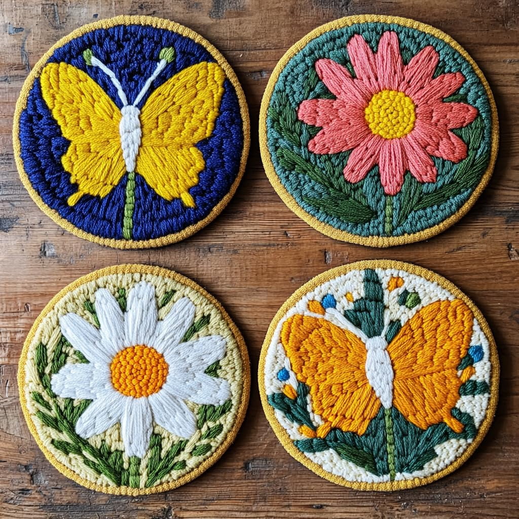 4 Set DIY Punch Needle Coaster Kits Colorful Butterfly Easy for Beginners with Adhesive Felt Hoop Punch Needle Embroidery Starter Set with Pattern for Drink Cups Mat Home Decor-10