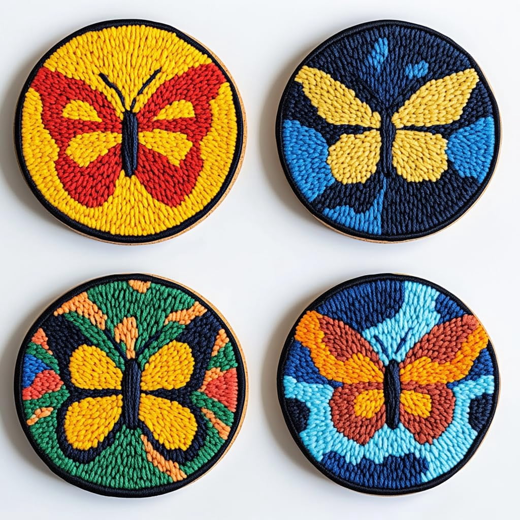 4 Set DIY Punch Needle Coaster Kits Colorful Butterfly Easy for Beginners with Adhesive Felt Hoop Punch Needle Embroidery Starter Set with Pattern for Drink Cups Mat Home Decor-11
