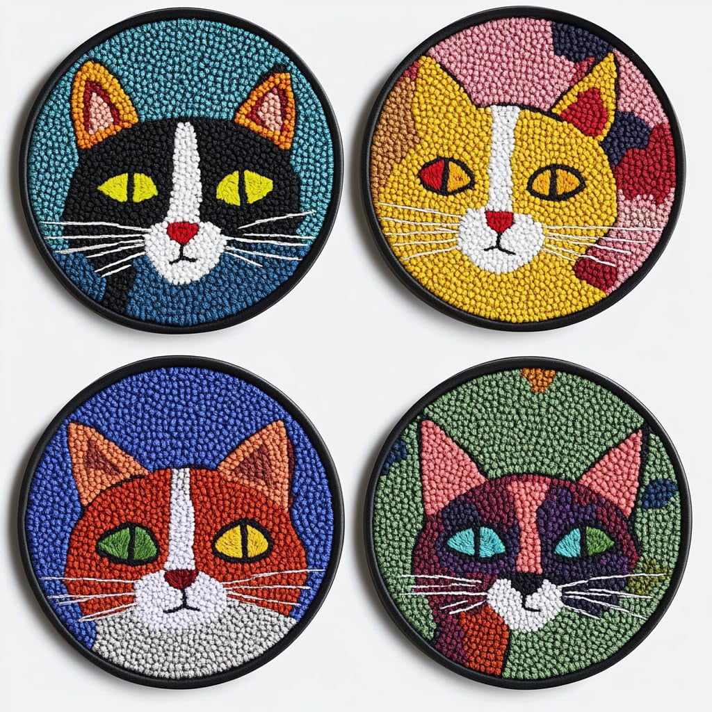 4 Set DIY Punch Needle Coaster Kits Colorful Cute Cat Easy for Beginners with Adhesive Felt Hoop Punch Needle Embroidery Starter Set with Pattern for Drink Cups Mat Home Decor-2