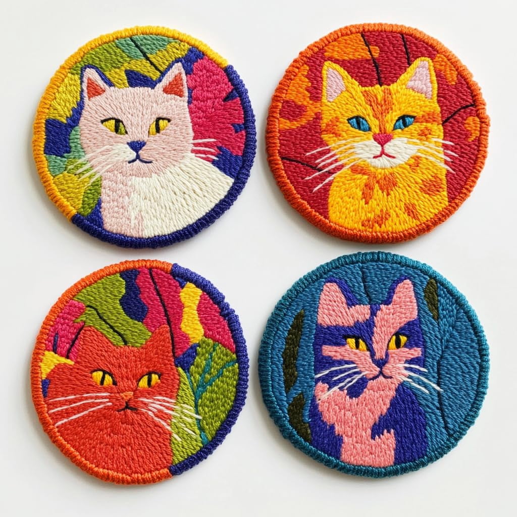 4 Set DIY Punch Needle Coaster Kits Colorful Cute Cat Easy for Beginners with Adhesive Felt Hoop Punch Needle Embroidery Starter Set with Pattern for Drink Cups Mat Home Decor-1