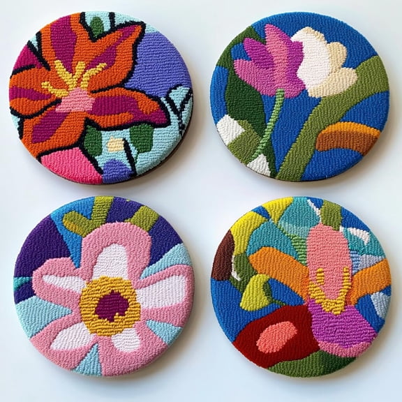 4 Set DIY Punch Needle Coaster Kits Colorful Lily Flower Easy for Beginners with Adhesive Felt Hoop Punch Needle Embroidery Starter Set with Pattern for Drink Cups Mat Home Decor-4