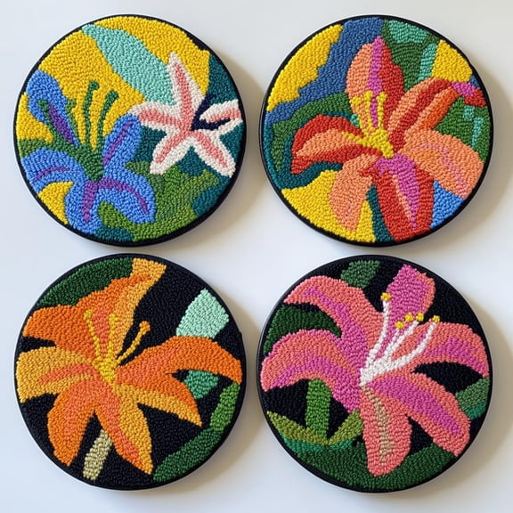 4 Set DIY Punch Needle Coaster Kits Colorful Lily Flower Easy for Beginners with Adhesive Felt Hoop Punch Needle Embroidery Starter Set with Pattern for Drink Cups Mat Home Decor-3