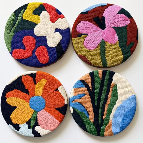 4 Set DIY Punch Needle Coaster Kits Colorful Lily Flower Easy for Beginners with Adhesive Felt Hoop Punch Needle Embroidery Starter Set with Pattern for Drink Cups Mat Home Decor-2