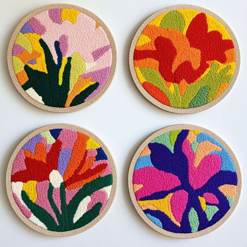 4 Set DIY Punch Needle Coaster Kits Colorful Lily Flower Easy for Beginners with Adhesive Felt Hoop Punch Needle Embroidery Starter Set with Pattern for Drink Cups Mat Home Decor-1