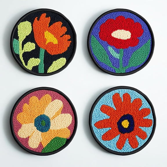 4 Set DIY Punch Needle Coaster Kits Cute Abstract Flowers Easy for Beginners with Adhesive Felt Hoop Punch Needle Embroidery Starter Set with Pattern for Drink Cups Mat Home Decor-2