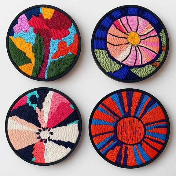 4 Set DIY Punch Needle Coaster Kits Cute Abstract Flowers Easy for Beginners with Adhesive Felt Hoop Punch Needle Embroidery Starter Set with Pattern for Drink Cups Mat Home Decor-4