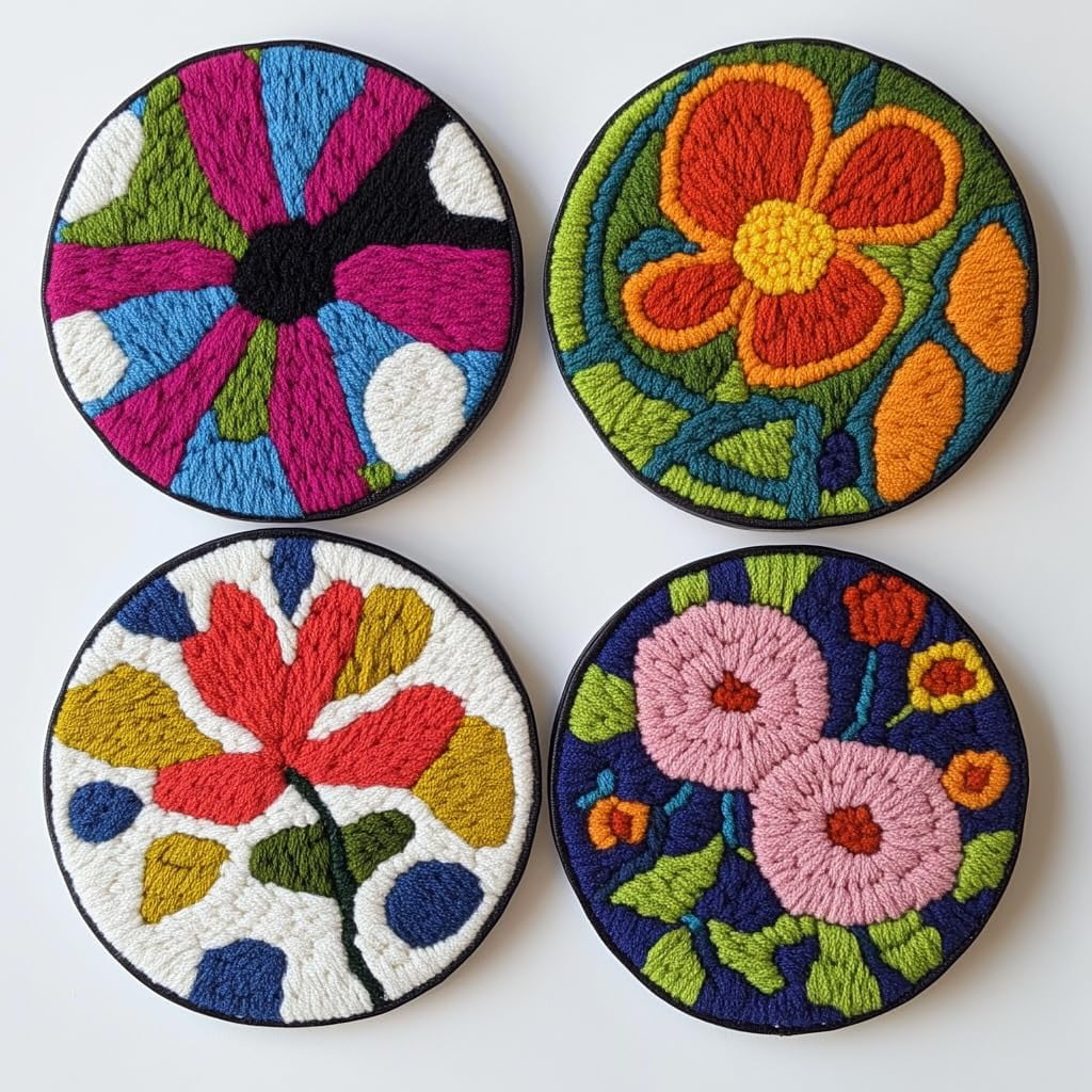 4 Set DIY Punch Needle Coaster Kits Cute Abstract Flowers Easy for Beginners with Adhesive Felt Hoop Punch Needle Embroidery Starter Set with Pattern for Drink Cups Mat Home Decor-1