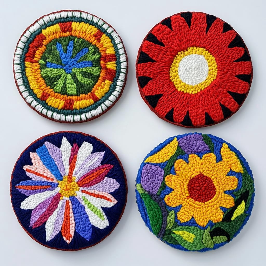 4 Set DIY Punch Needle Coaster Kits Cute Abstract Flowers Easy for Beginners with Adhesive Felt Hoop Punch Needle Embroidery Starter Set with Pattern for Drink Cups Mat Home Decor-3
