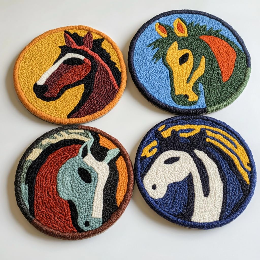 4 Set DIY Punch Needle Coaster Kits Cute Abstract Horse Easy for Beginners with Adhesive Felt Hoop Punch Needle Embroidery Starter Set with Pattern for Drink Cups Mat Home Decor-8