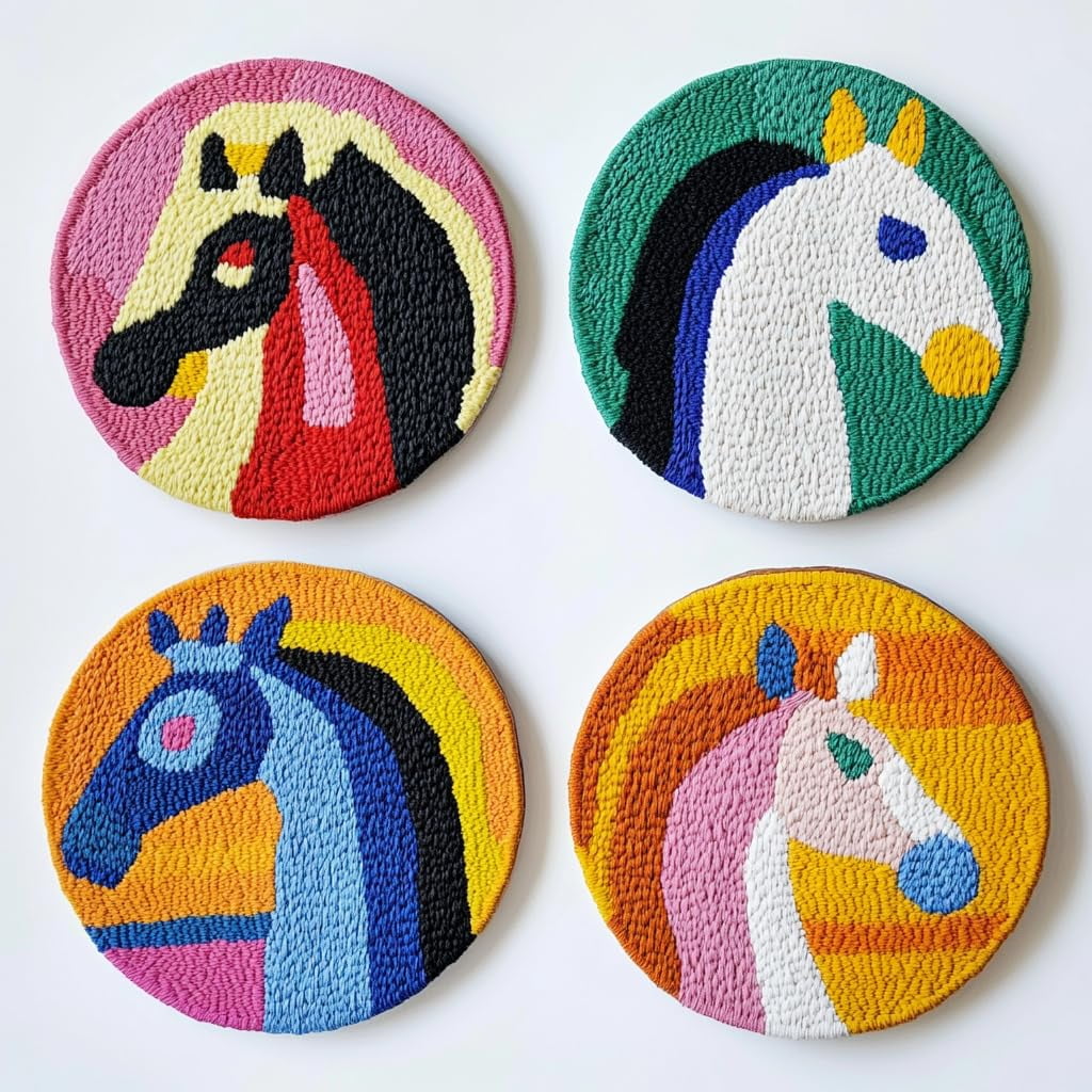 4 Set DIY Punch Needle Coaster Kits Cute Abstract Horse Easy for Beginners with Adhesive Felt Hoop Punch Needle Embroidery Starter Set with Pattern for Drink Cups Mat Home Decor-1