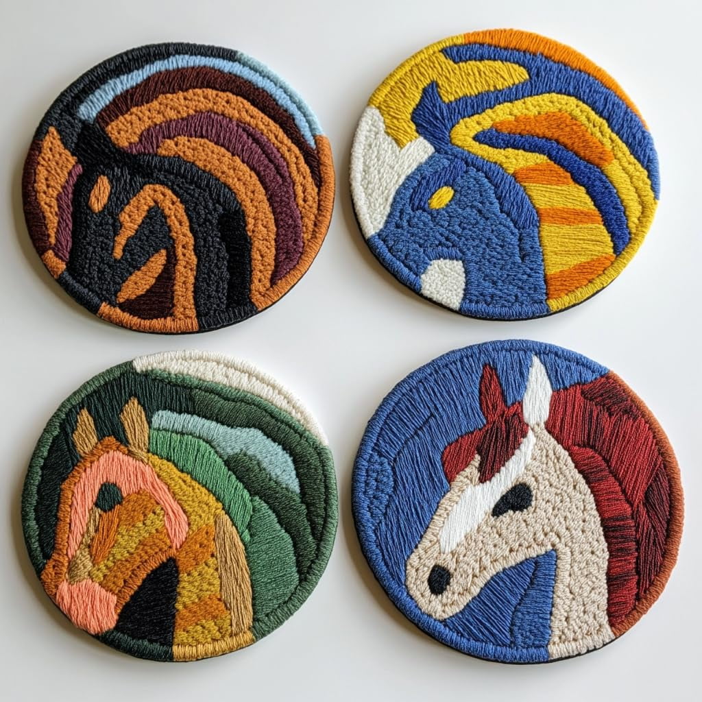 4 Set DIY Punch Needle Coaster Kits Cute Abstract Horse Easy for Beginners with Adhesive Felt Hoop Punch Needle Embroidery Starter Set with Pattern for Drink Cups Mat Home Decor-4