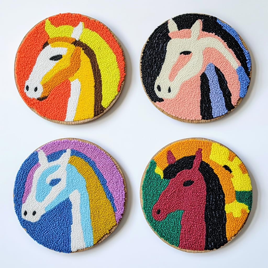 4 Set DIY Punch Needle Coaster Kits Cute Abstract Horse Easy for Beginners with Adhesive Felt Hoop Punch Needle Embroidery Starter Set with Pattern for Drink Cups Mat Home Decor-2