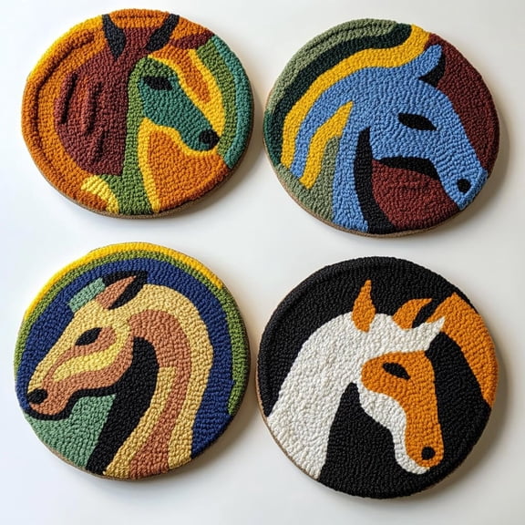 4 Set DIY Punch Needle Coaster Kits Cute Abstract Horse Easy for Beginners with Adhesive Felt Hoop Punch Needle Embroidery Starter Set with Pattern for Drink Cups Mat Home Decor-6