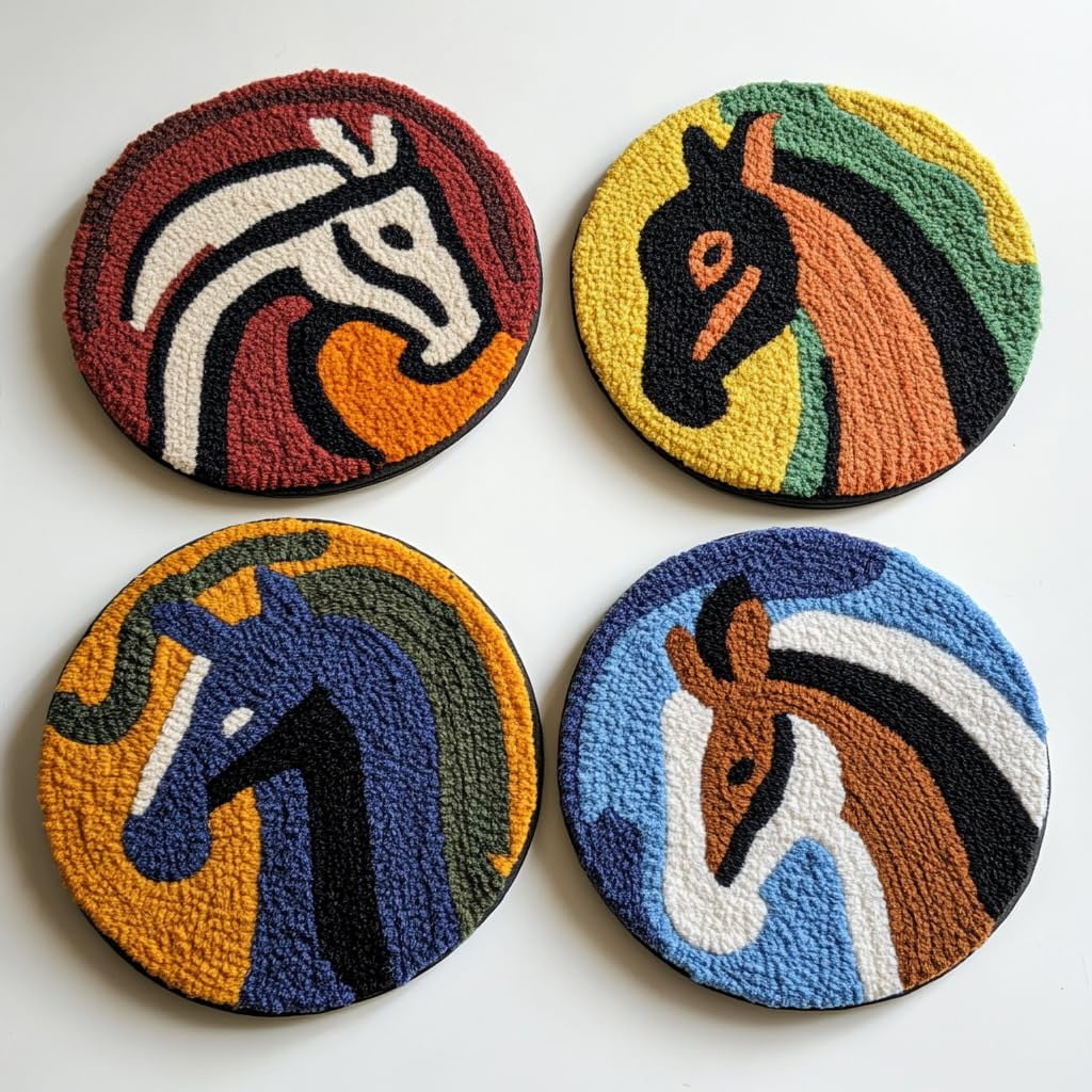4 Set DIY Punch Needle Coaster Kits Cute Abstract Horse Easy for Beginners with Adhesive Felt Hoop Punch Needle Embroidery Starter Set with Pattern for Drink Cups Mat Home Decor-3