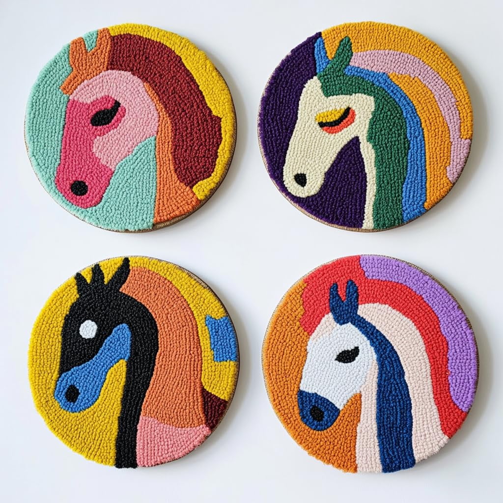 4 Set DIY Punch Needle Coaster Kits Cute Abstract Horse Easy for Beginners with Adhesive Felt Hoop Punch Needle Embroidery Starter Set with Pattern for Drink Cups Mat Home Decor-5