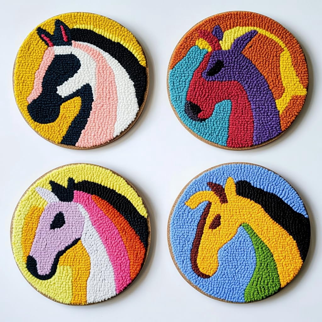 4 Set DIY Punch Needle Coaster Kits Cute Abstract Horse Easy for Beginners with Adhesive Felt Hoop Punch Needle Embroidery Starter Set with Pattern for Drink Cups Mat Home Decor-7