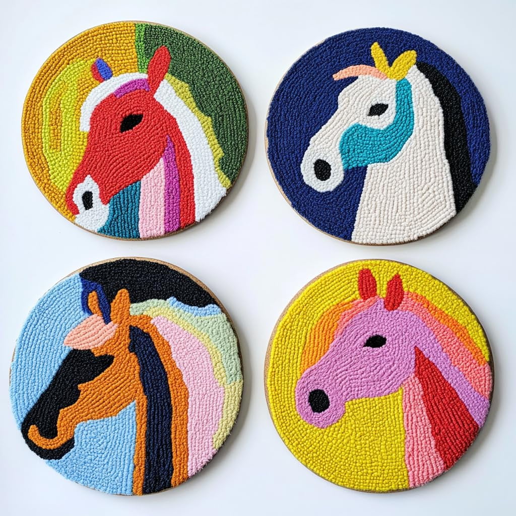 4 Set DIY Punch Needle Coaster Kits Cute Abstract Horse Easy for Beginners with Adhesive Felt Hoop Punch Needle Embroidery Starter Set with Pattern for Drink Cups Mat Home Decor-9