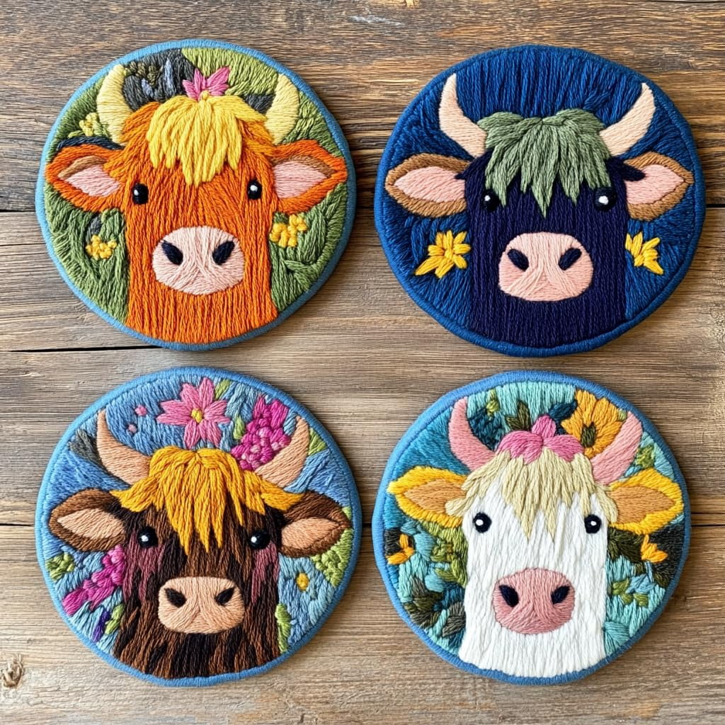 4 Set DIY Punch Needle Coaster Kits Cute Baby Highland Cow Easy for Beginners with Adhesive Felt Hoop Punch Needle Embroidery Starter Set with Pattern for Drink Cups Mat Home Decor
