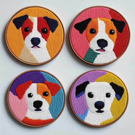 4 Set DIY Punch Needle Coaster Kits Cute Baby Jack Russell Terrier Easy for Beginners with Adhesive Felt Hoop Punch Needle Embroidery Starter Set with Pattern for Drink Cups Mat Home Decor-2