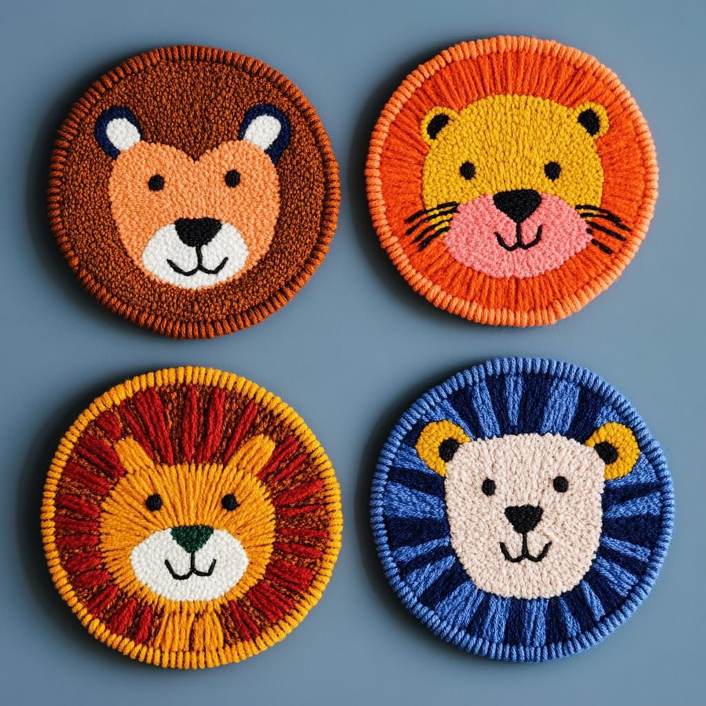 4 Set DIY Punch Needle Coaster Kits Cute Baby Lion Easy for Beginners with Adhesive Felt Hoop Punch Needle Embroidery Starter Set with Pattern for Drink Cups Mat Home Decor-4