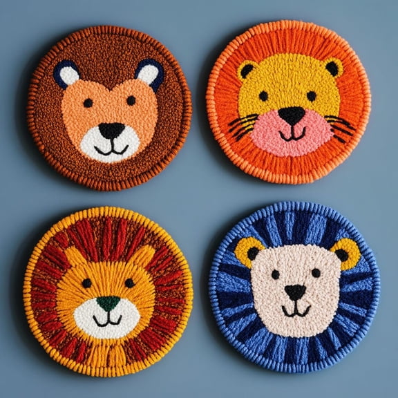 4 Set DIY Punch Needle Coaster Kits Cute Baby Lion Easy for Beginners with Adhesive Felt Hoop Punch Needle Embroidery Starter Set with Pattern for Drink Cups Mat Home Decor-4