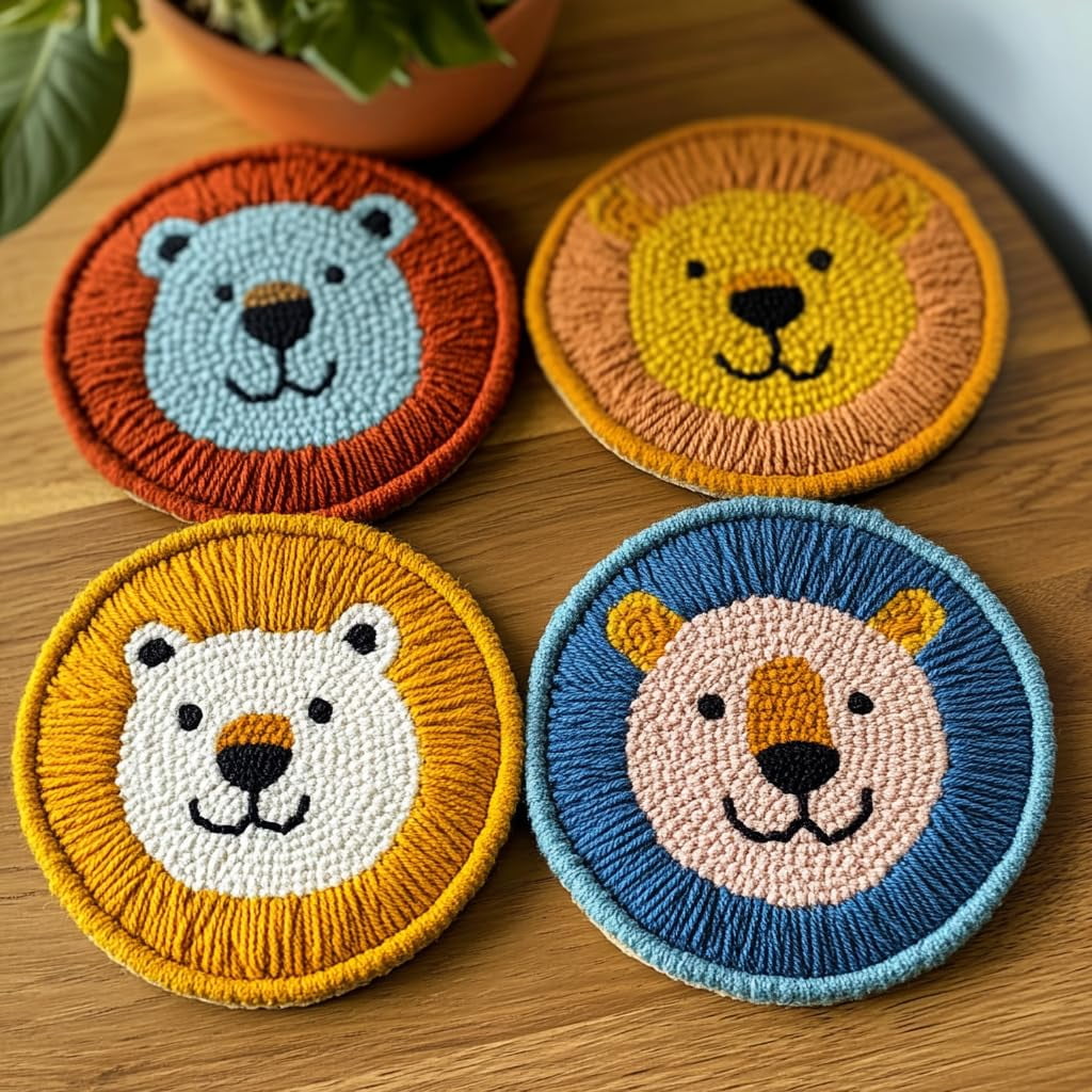 4 Set DIY Punch Needle Coaster Kits Cute Baby Lion Easy for Beginners with Adhesive Felt Hoop Punch Needle Embroidery Starter Set with Pattern for Drink Cups Mat Home Decor-2