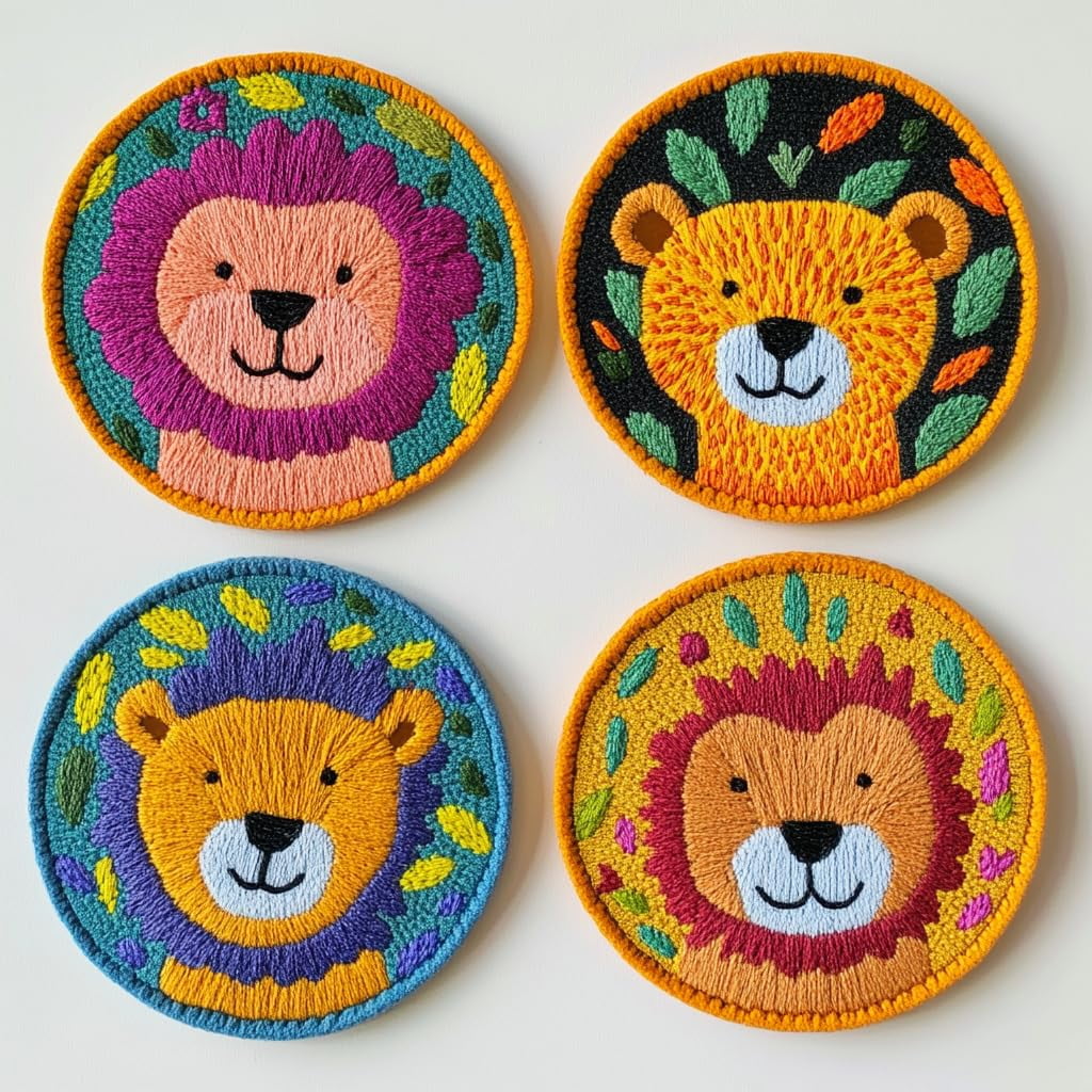 4 Set DIY Punch Needle Coaster Kits Cute Baby Lion Easy for Beginners with Adhesive Felt Hoop Punch Needle Embroidery Starter Set with Pattern for Drink Cups Mat Home Decor-1