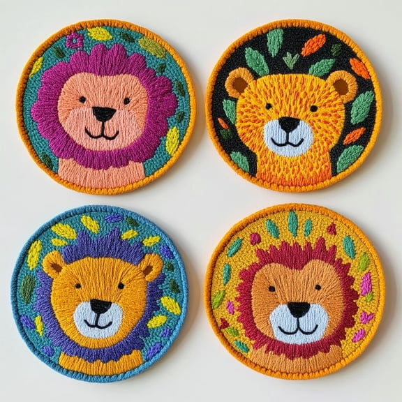 4 Set DIY Punch Needle Coaster Kits Cute Baby Lion Easy for Beginners with Adhesive Felt Hoop Punch Needle Embroidery Starter Set with Pattern for Drink Cups Mat Home Decor-1