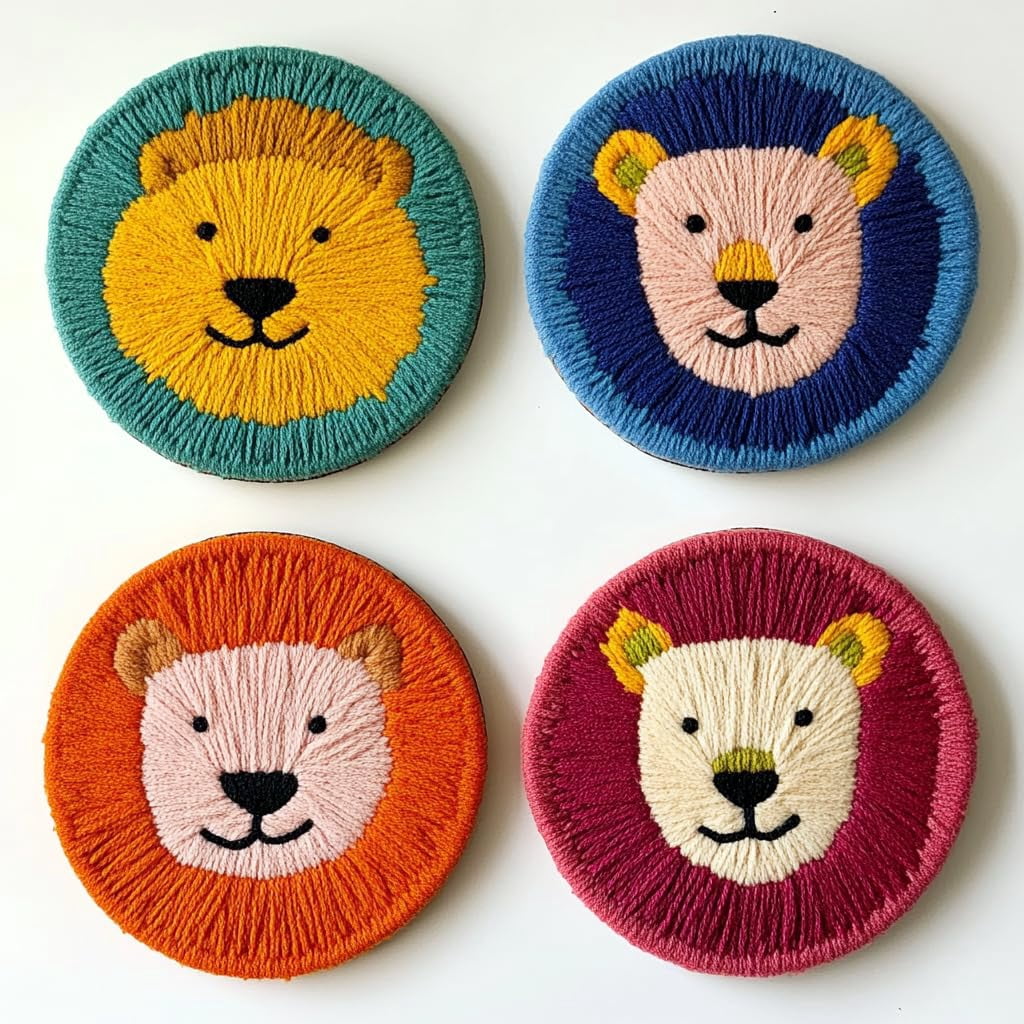4 Set DIY Punch Needle Coaster Kits Cute Baby Lion Easy for Beginners with Adhesive Felt Hoop Punch Needle Embroidery Starter Set with Pattern for Drink Cups Mat Home Decor-3