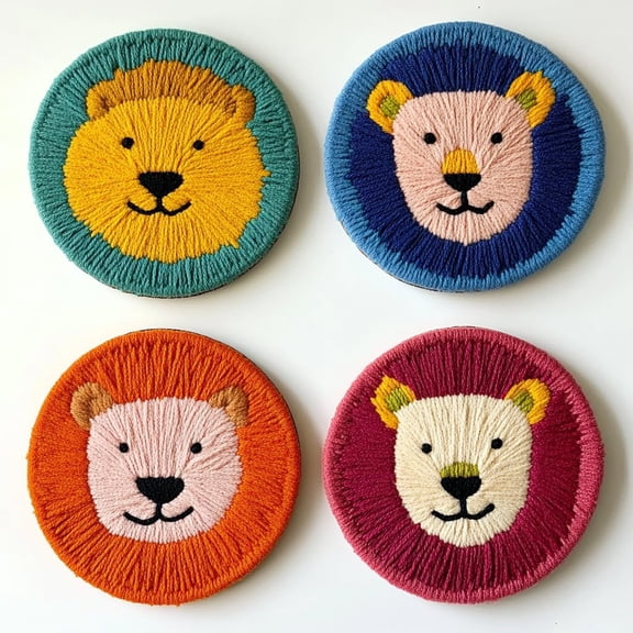 4 Set DIY Punch Needle Coaster Kits Cute Baby Lion Easy for Beginners with Adhesive Felt Hoop Punch Needle Embroidery Starter Set with Pattern for Drink Cups Mat Home Decor-3
