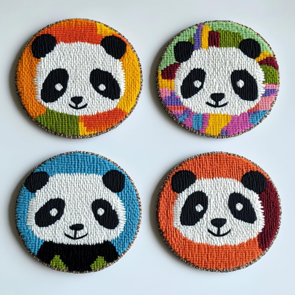 4 Set DIY Punch Needle Coaster Kits Cute Baby Panda Easy for Beginners with Adhesive Felt Hoop Punch Needle Embroidery Starter Set with Pattern for Drink Cups Mat Home Decor