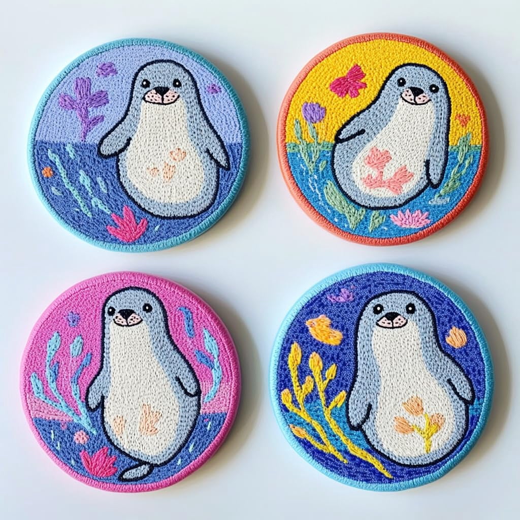 4 Set DIY Punch Needle Coaster Kits Cute Baby Seal Easy for Beginners with Adhesive Felt Hoop Punch Needle Embroidery Starter Set with Pattern for Drink Cups Mat Home Decor-1