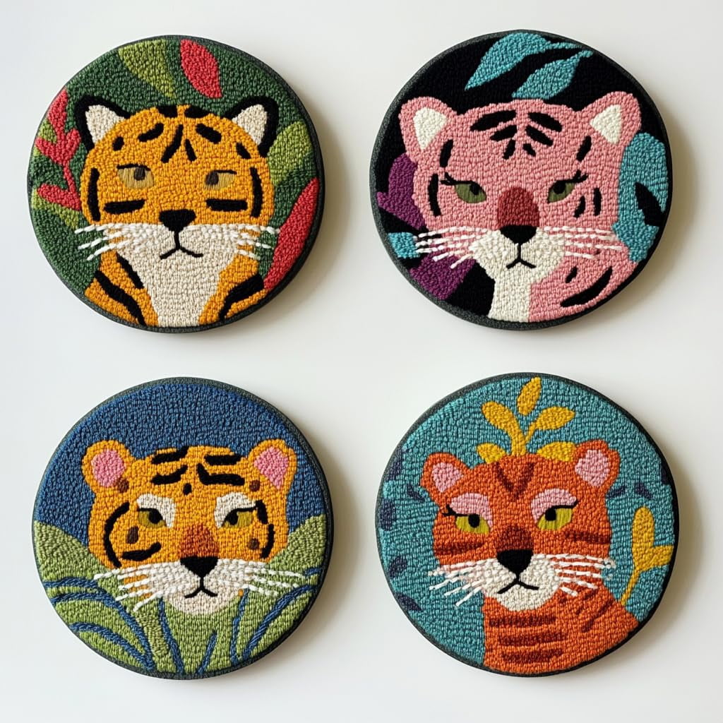 4 Set DIY Punch Needle Coaster Kits Cute Baby Tiger Easy for Beginners with Adhesive Felt Hoop Punch Needle Embroidery Starter Set with Pattern for Drink Cups Mat Home Decor